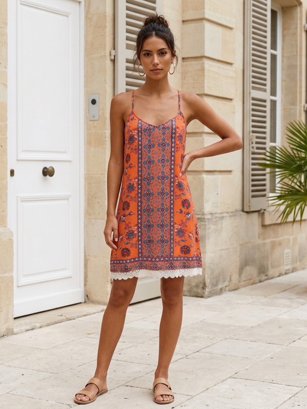 Angie Orange Boho Floral Lace Hem Halter Swing Dress Size Small